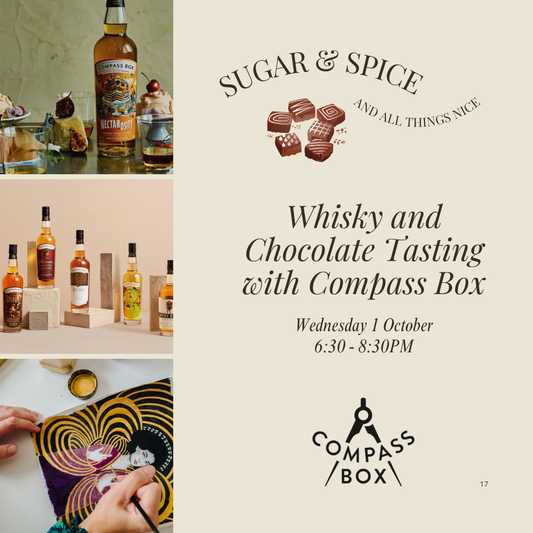 Promotional flyer for a whisky and chocolate tasting event with Compass Box, featuring images of whisky bottles and chocolate.